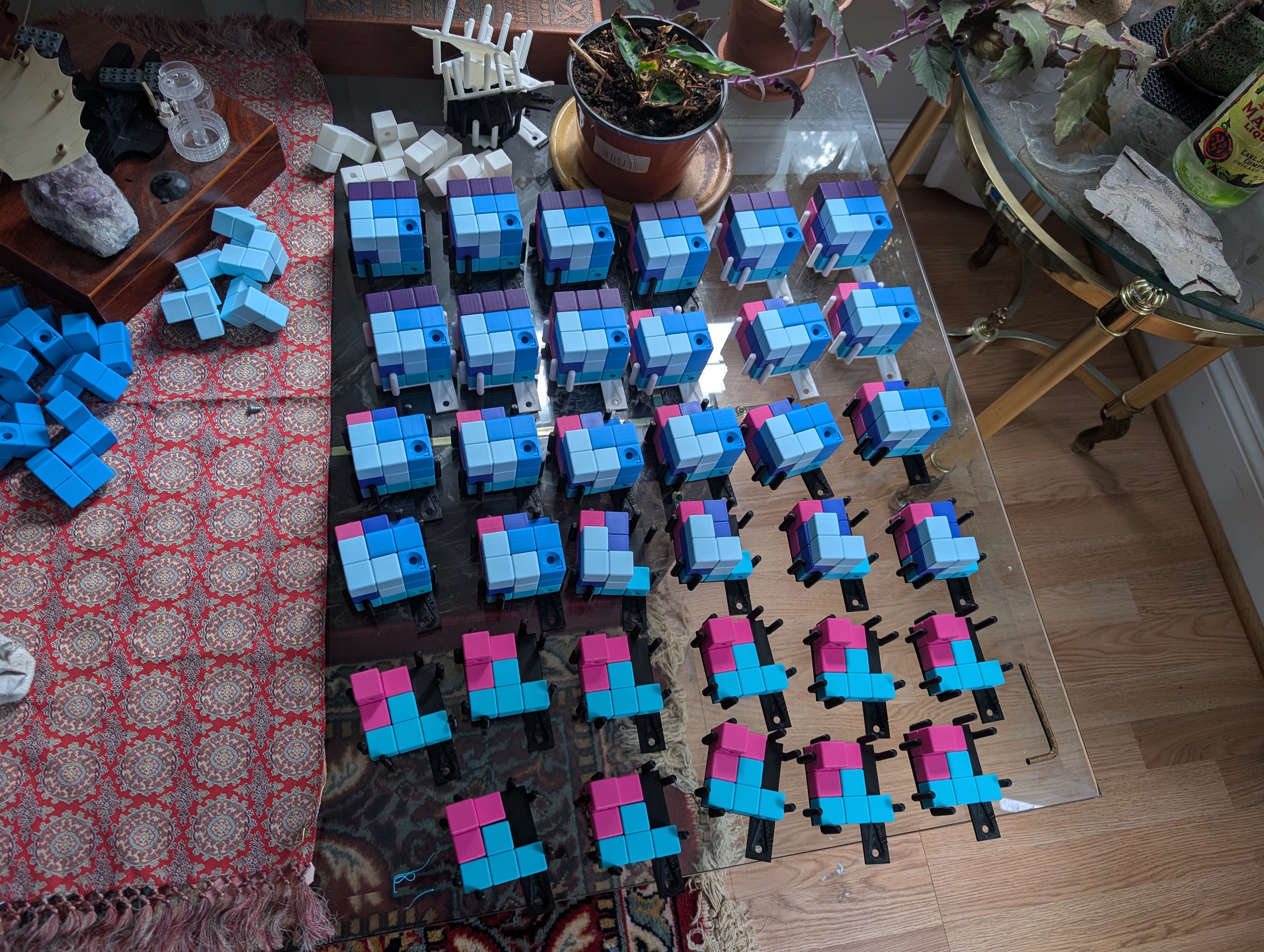 Many colorful soma cube puzzles being assembled